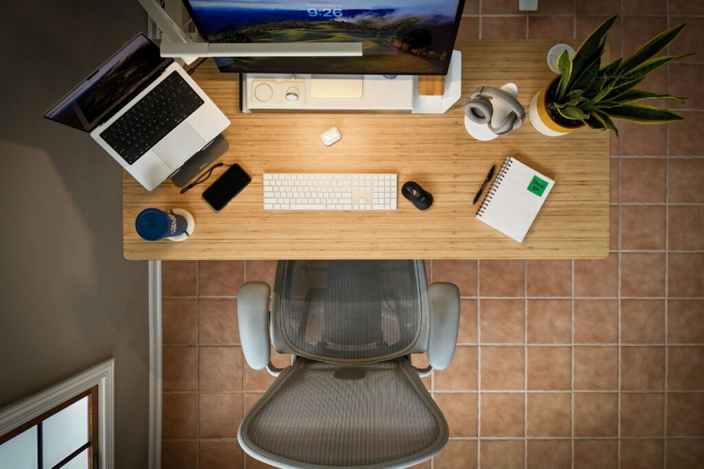 overhead view of organized minimal desk