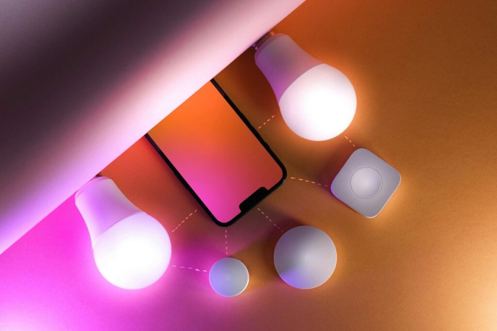 warm smart bulb lighting minimal living room evening