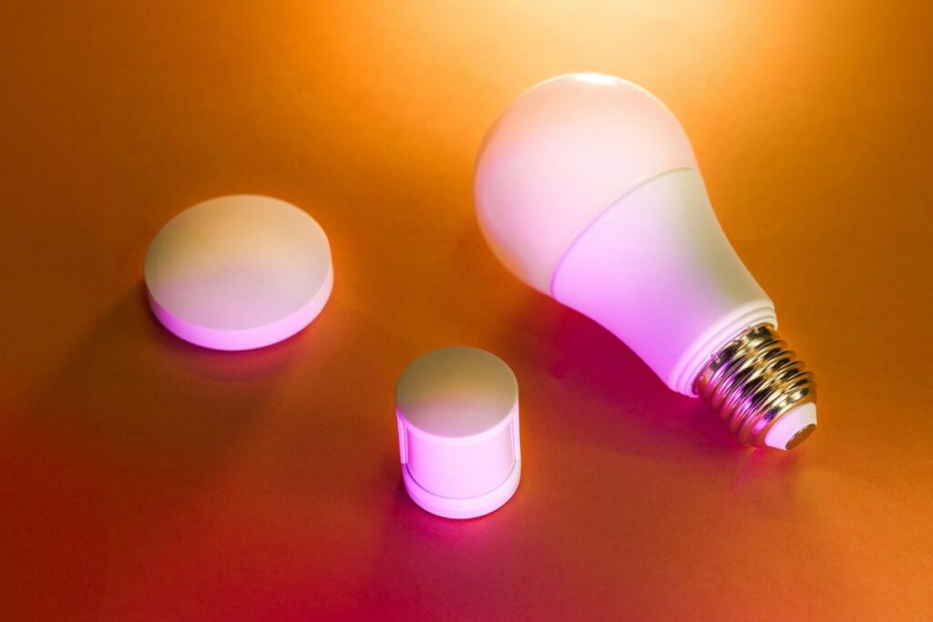 warm smart bulb lighting in minimal living room