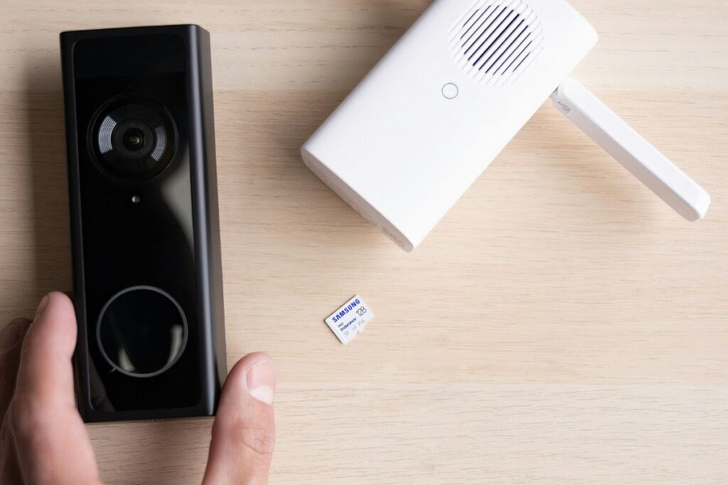 smart video doorbell mounted at clean front door