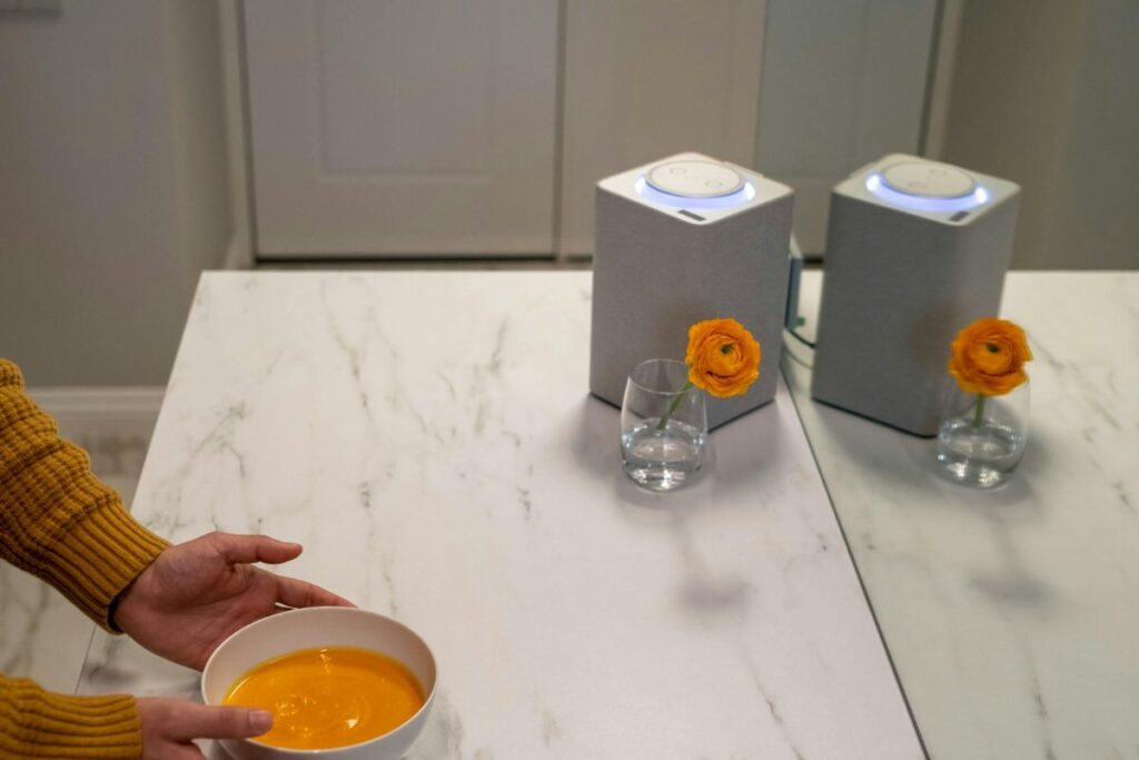 smart speaker on minimal kitchen counter