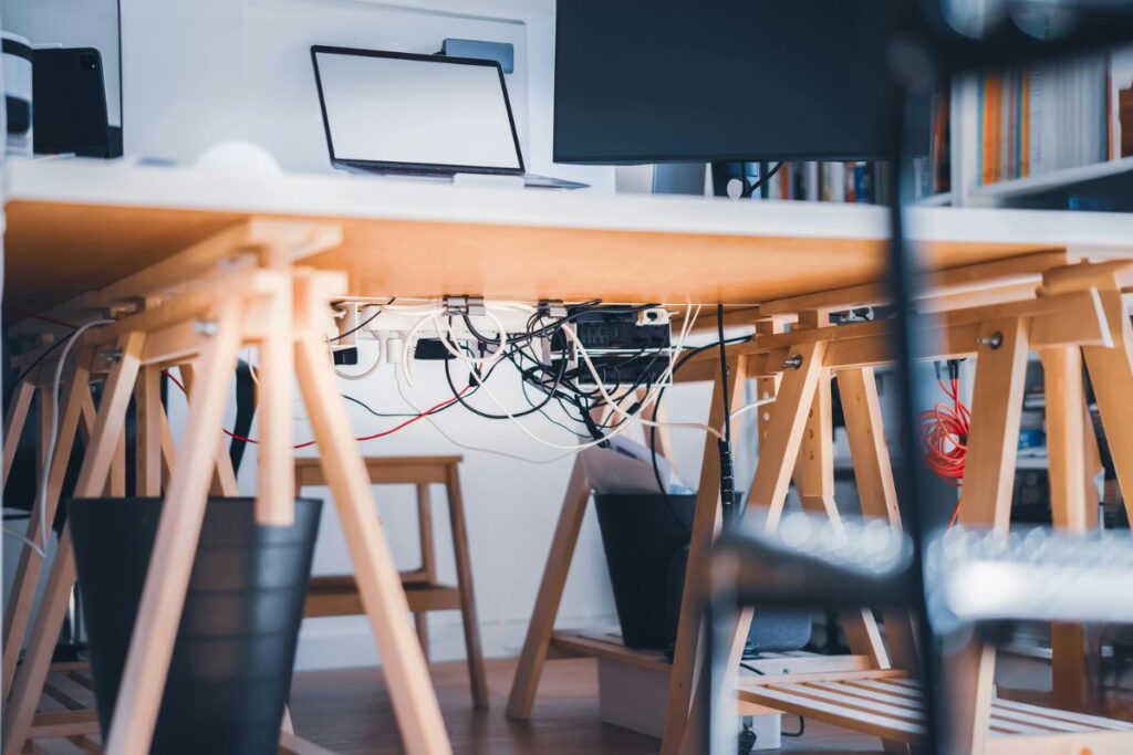 cable management box hiding power strip home office