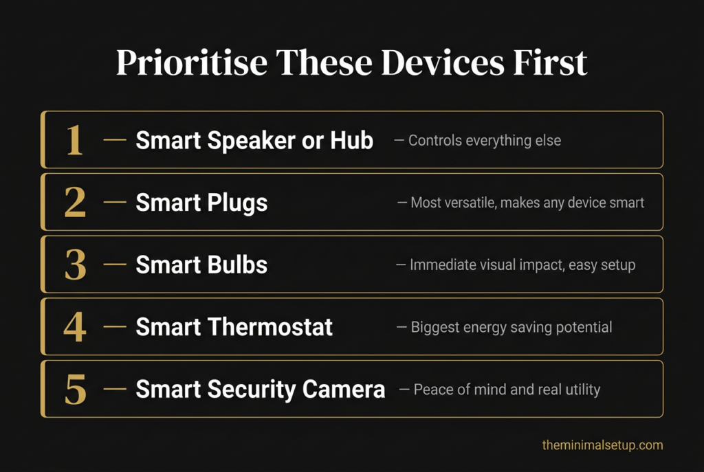 prioritise these devices first smart home starter
kit buying order guide infographic