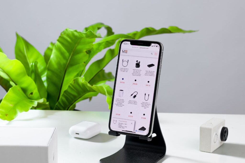 foldable aluminium phone stand on minimal desk